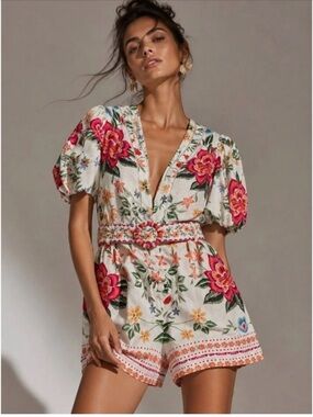 $395 NWT Caroline Constas Linen-Blend floral Printed Romper